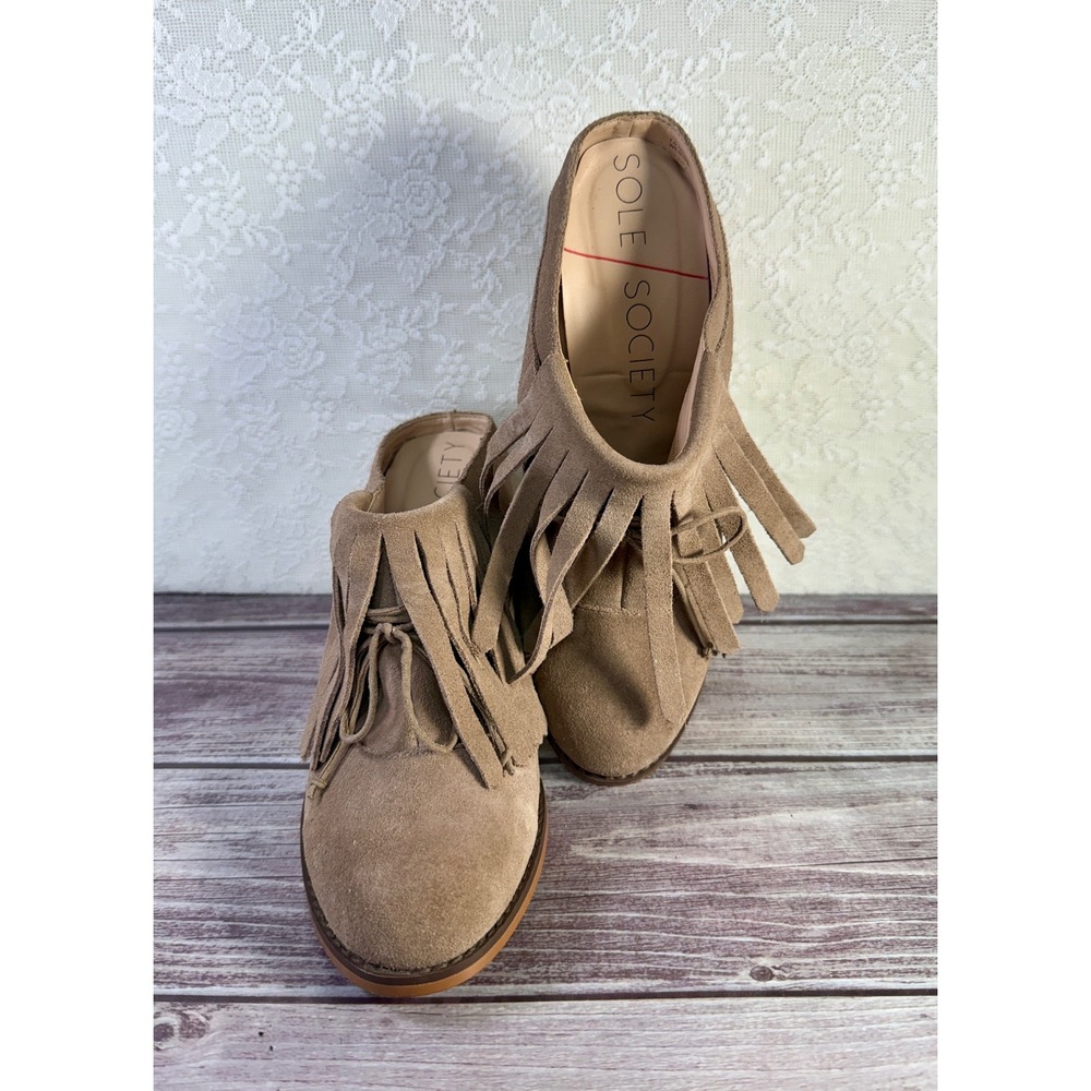Sole Society Wilshire Taupe Cow Suede Fringe Block Heel Mule Booties Womens 7.5 - Picture 8 of 17